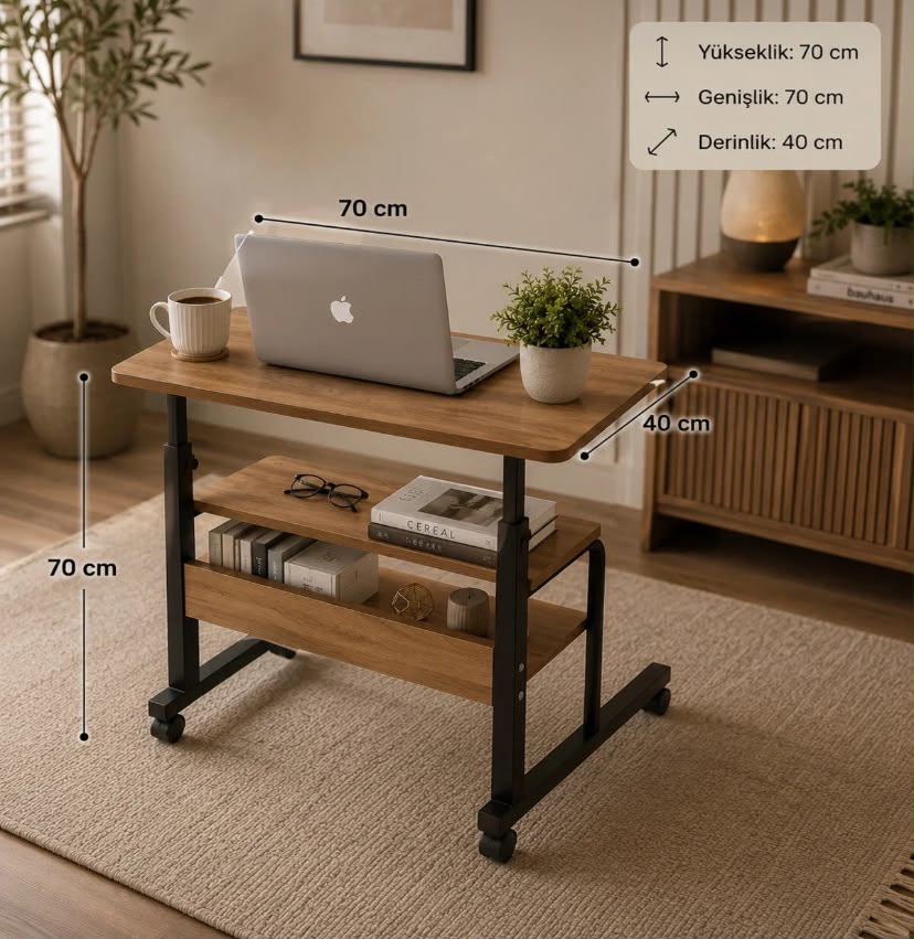 70x40 cm Tekerlekli Laptop Sehpası – Çok Amaçlı Çalışma Masası | 2 Raflı Ahşap Metal Tasarım