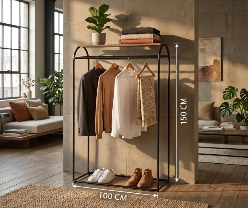 Lİnda Modern Metal Elbise Askılığı | Ahşap Raflı Portmanto | Çok Amaçlı Açık Gardırop Düzenleyici