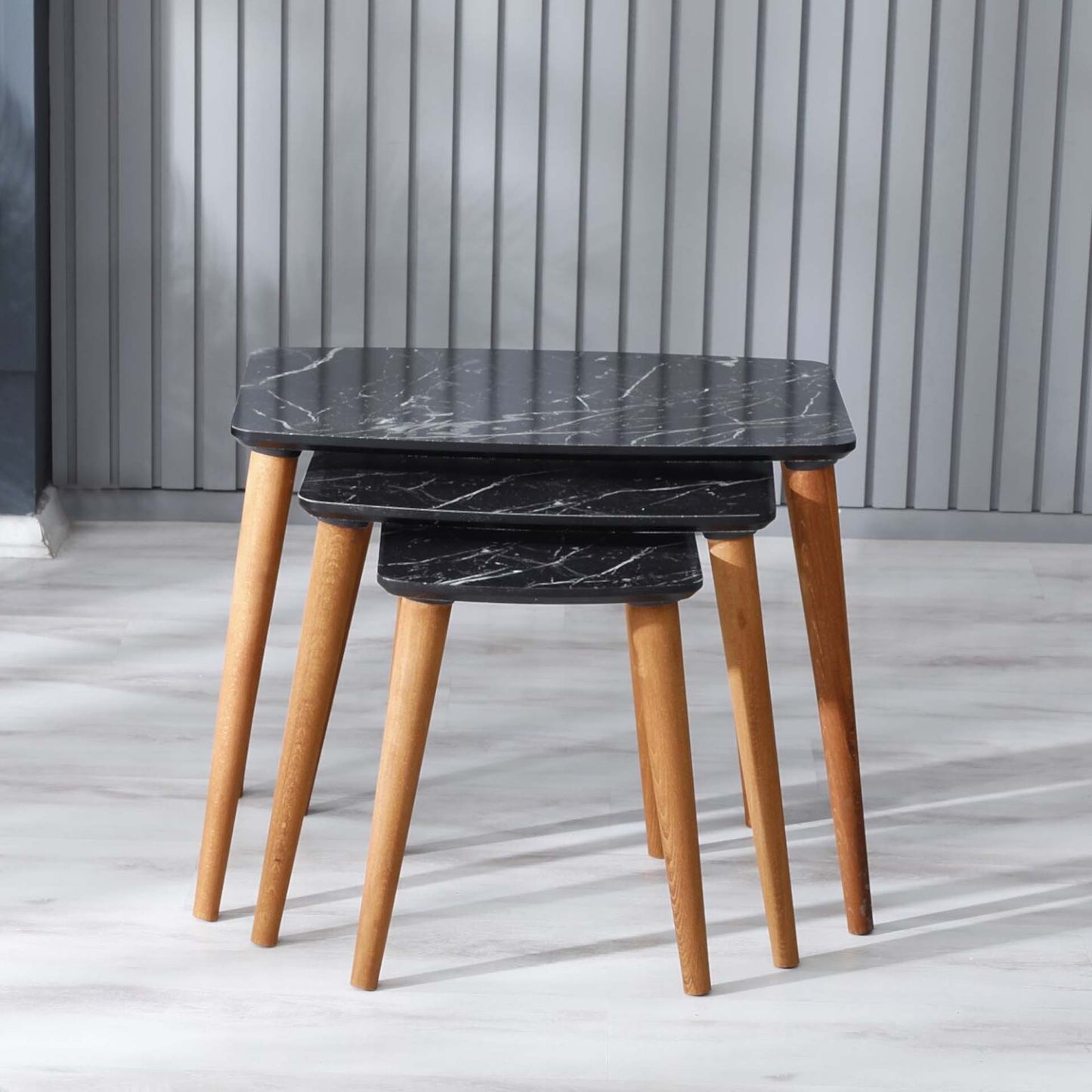 Homedora Zack MDF Ahşap Ayaklı 3'lü Zigon Sehpa Mermer Siyah