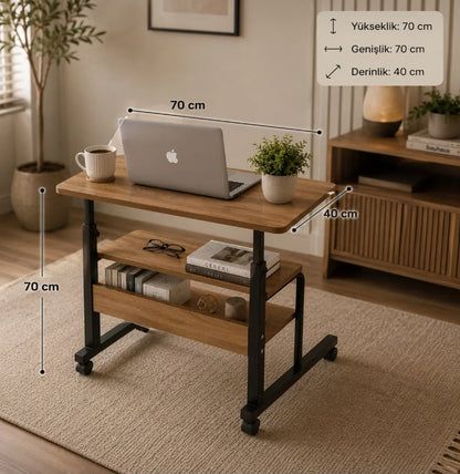 70x40 cm Tekerlekli Laptop Sehpası – Çok Amaçlı Çalışma Masası | 2 Raflı Ahşap Metal Tasarım