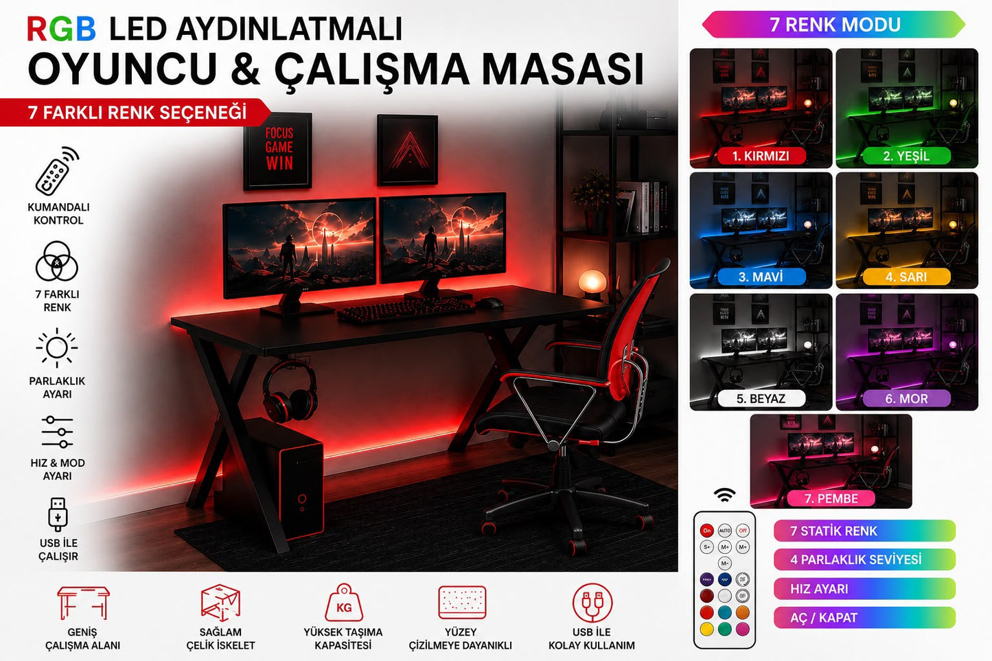 RGB LED Aydınlatmalı Oyuncu ve Çalışma Masası – Kumandalı 7 Renk Işıklı Bilgisayar Masası
