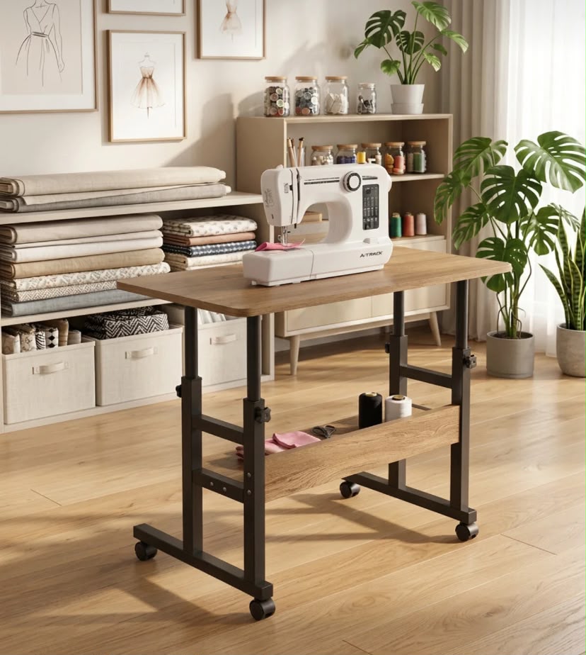 Atlas Yüksekliği Ayarlanabilir Dikiş Makinesi Sehpası Tekerlekli Çok Amaçlı Çalışma Masası Raflı 70x40 cm