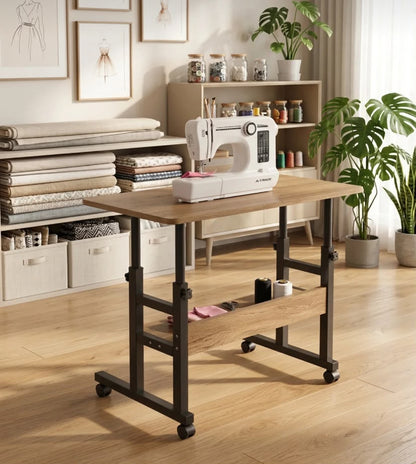 Atlas Yüksekliği Ayarlanabilir Dikiş Makinesi Sehpası Tekerlekli Çok Amaçlı Çalışma Masası Raflı 70x40 cm