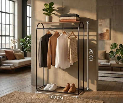 Lİnda Modern Metal Elbise Askılığı | Ahşap Raflı Portmanto | Çok Amaçlı Açık Gardırop Düzenleyici