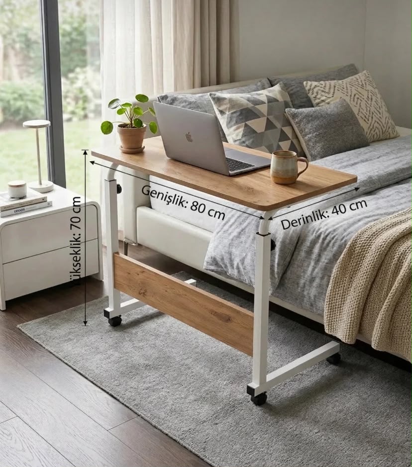 Royal Modern Yükseklik Ayarlı Çalışma Masası - (TEKERLİ) 80x40 Beyaz
